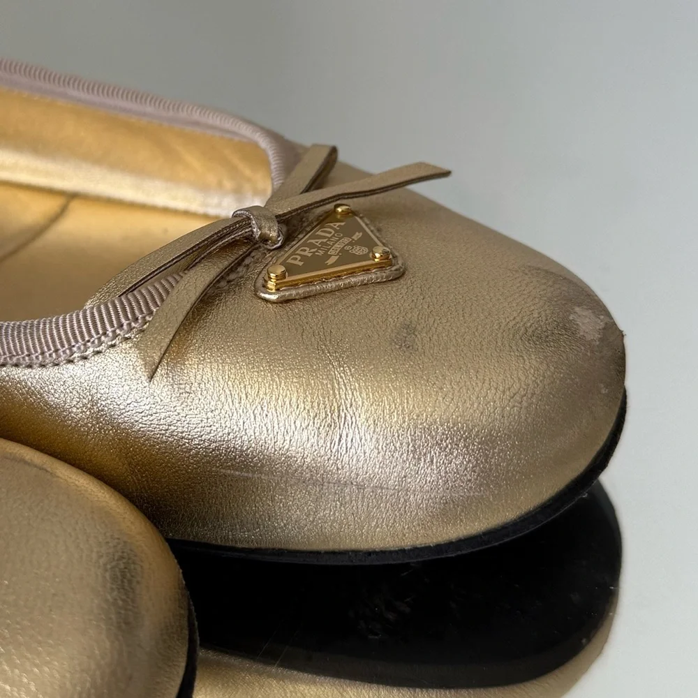 Prada Metallic Gold Ballerina Flats 37 $950 - Picture 8 of 12